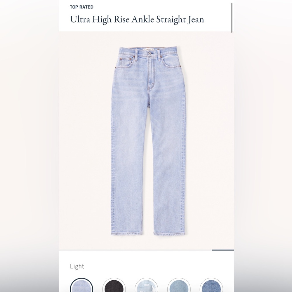 Abercrombie Ultra High Rise Ankle Straight Jean w/ distressing on ankles.
